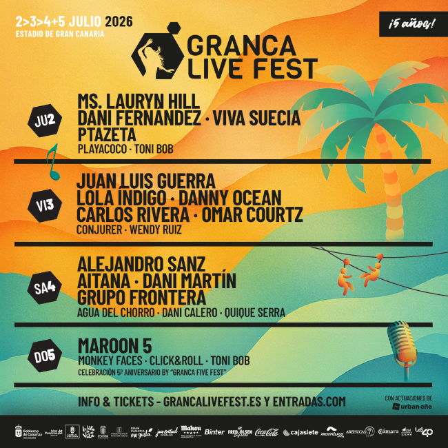 Maroon 5, Juan Luis Guerra, Ms. Lauryn Hill y Omar Courtz completan el cartel del Granca Live Fest 2026